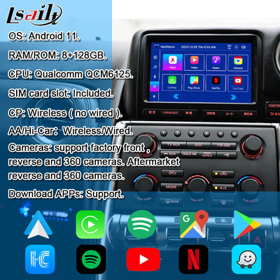 Lsailt Android मल्टीमीडिया इंटरफेस GT-R GTR R35 2011-2016 के लिए वायरलेस कारप्ले इंटरफेस YouTube, GPS,8+128 GB शामिल है