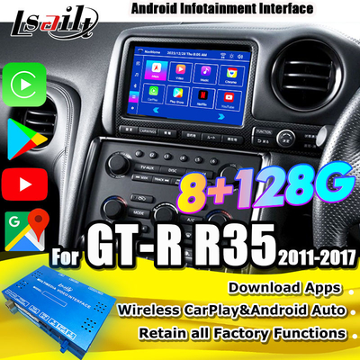 Lsailt Android मल्टीमीडिया इंटरफेस GT-R GTR R35 2011-2016 के लिए वायरलेस कारप्ले इंटरफेस YouTube, GPS,8+128 GB शामिल है